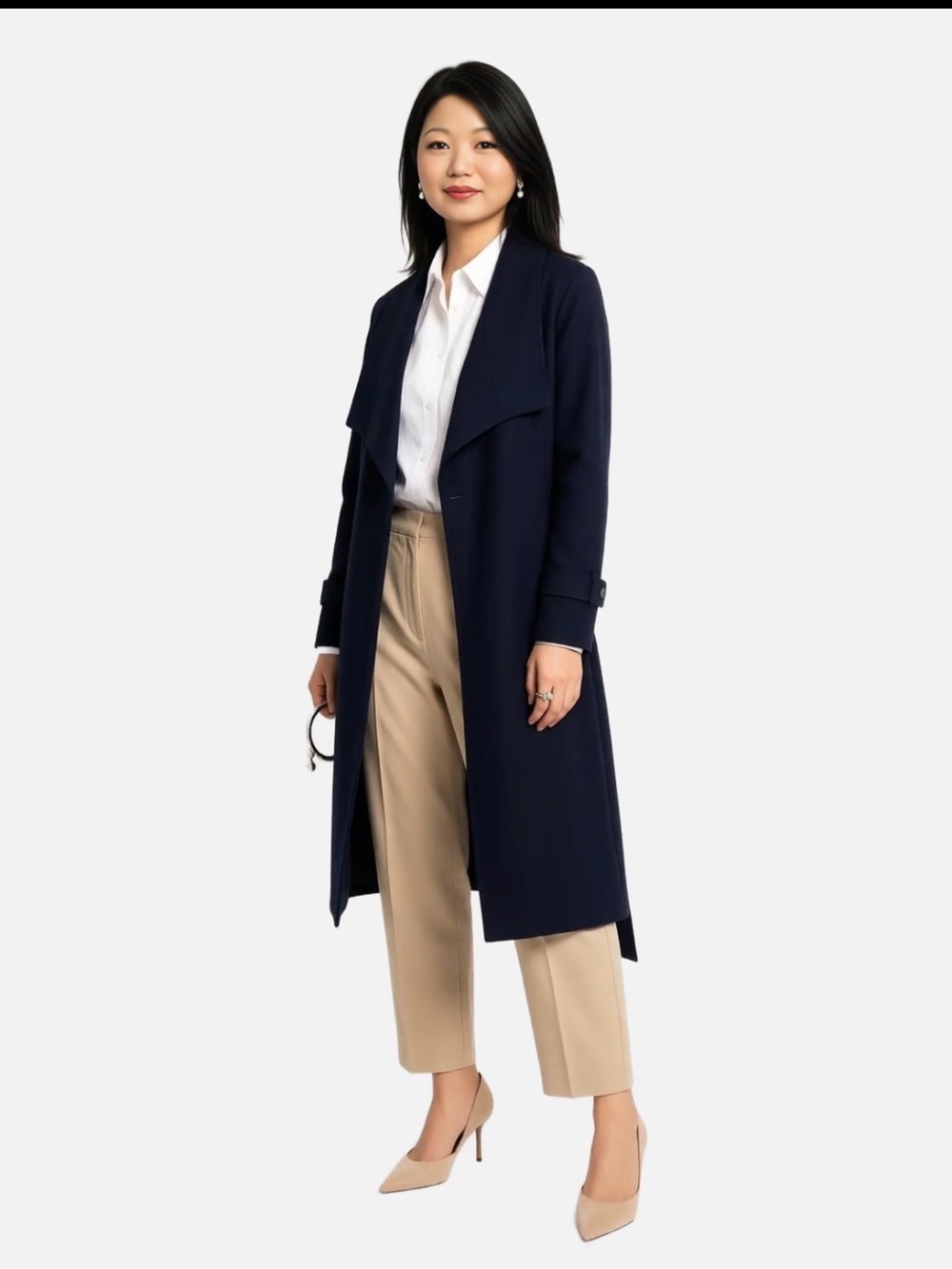 Long Navy Wrap Robe Coat with Self-Tie Belt